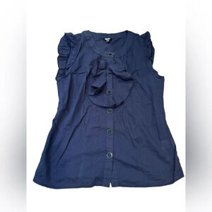 EUC ASOS navy pinstripe tuxedo style ruffle sleeveless top Size 10